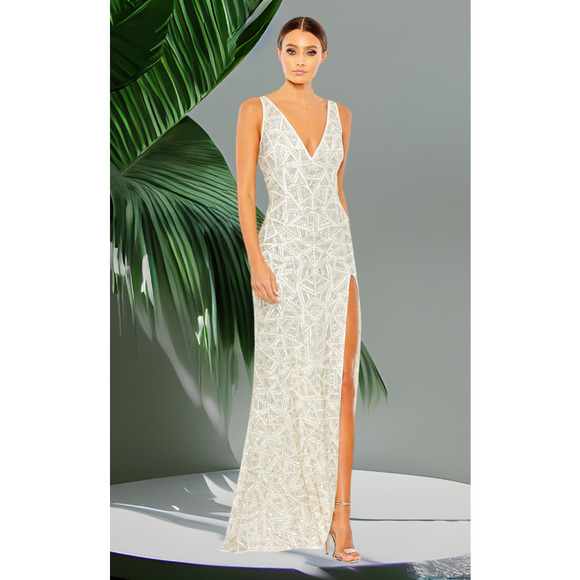 NWT Mac Duggal Ivory and Silver Sequin V-Neck Slit Leg Gown 10 MSRP: $650 - Picture 1 of 9